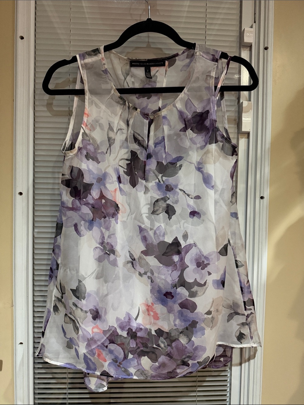 Worthington White Sheer Floral Sleeveless Top with Purple Print